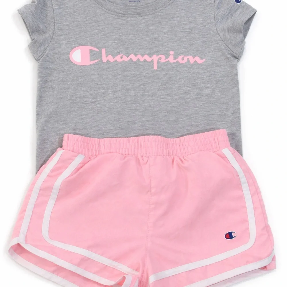 Champion Girls 2 Piece Outfit Pink Shorts & Gray‎ Logo Tee Size S Athletic Set